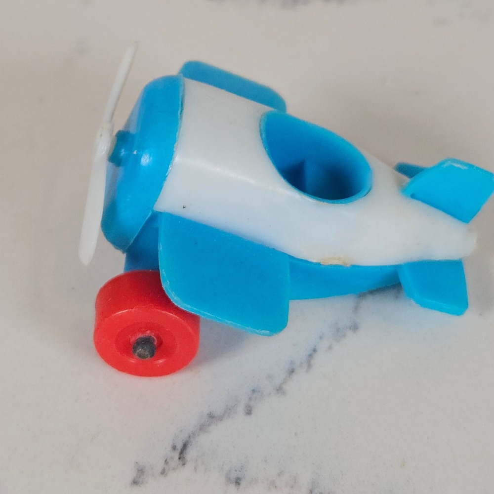 Vintage Steven Mfg Co 1973 Blue White Biplane Toy Plane Propeller Red Wheels